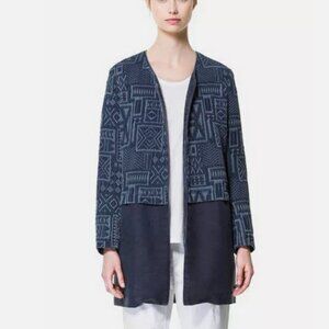 Zara Aztec Jacquard Duster Jacket Large Blue Open Textured‎ Cotton Linen Womens
